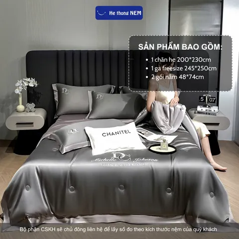 Bộ Ga Giường 5 Món Hệ Thống Nệm Set Chăn Ga Gối Đệm Lụa Thái Trải Giường Chăn Trần Bồng Trải Giường 5 Món Sang Trọng
