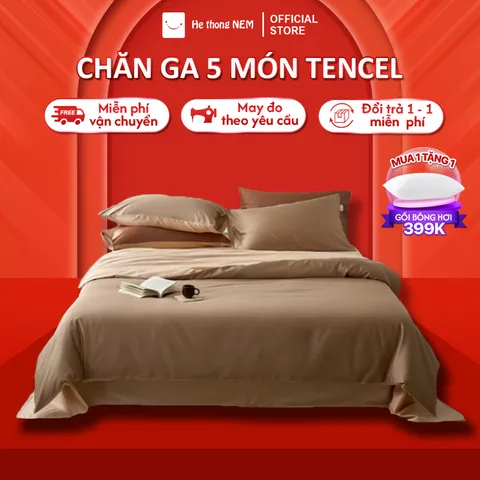 Bộ drap giường tencel 60S Hệ Thống Nệm cao cấp set bộ vỏ chăn ga ra drap tencel trải phủ giường gối nệm đệm 5 món cao cấp