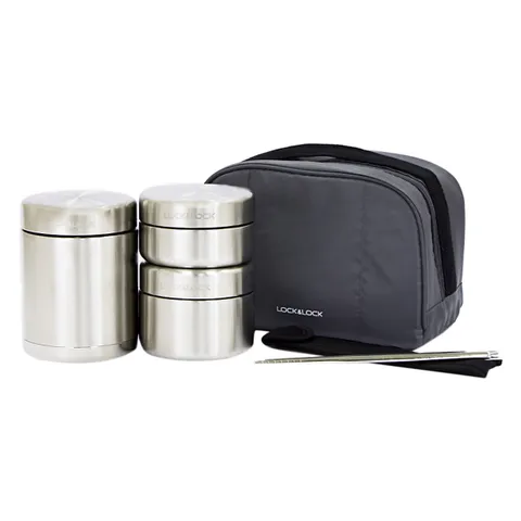 Bộ Hộp Cơm Giữ Nhiệt Lock&Lock Gồm 3 Hộp Inox Kèm Đũa LHC8016 -1150ml
