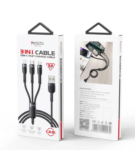 Cáp sạc nhanh 3.0A đa năng 3 in 1 Yesido CA91 USB-C/Type-C