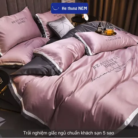 Bộ ga giường lụa beauty Hệ Thống Nệm bộ set chăn ga drap grap phủ trải giường gối nệm đệm 5 món lụa thái mùa hè cao cấp