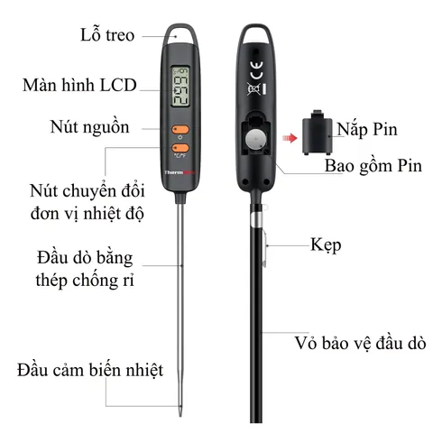 Nhiệt Kế Điện Tử Nấu Ăn Cao Cấp ThermoPro TP516 Nhật Bản - Đo Chính Xác, Đơn Giản, Dễ Sử Dụng, Phù Hợp Món Ăn và Pha Sữa