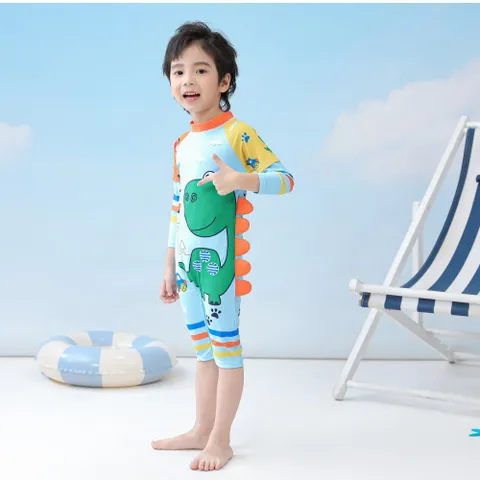 Đồ Bơi Liền Thân Cho Bé Hình Khủng Long Xanh Dương - Thiết Kế Ngộ Nghĩnh Có Mũ, Chống Nắng, Chất Liệu Siêu Mềm Mịn