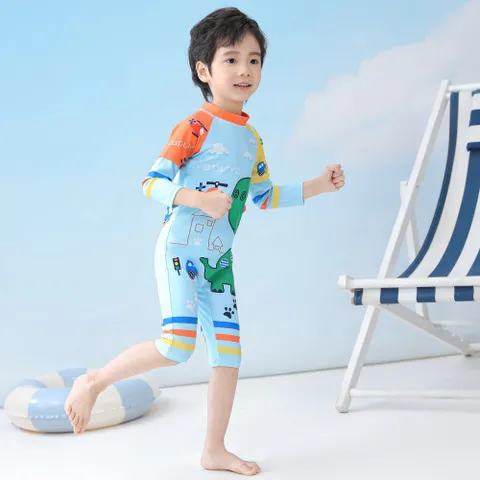 Đồ Bơi Liền Thân Cho Bé Hình Khủng Long Xanh Dương - Thiết Kế Ngộ Nghĩnh Có Mũ, Chống Nắng, Chất Liệu Siêu Mềm Mịn