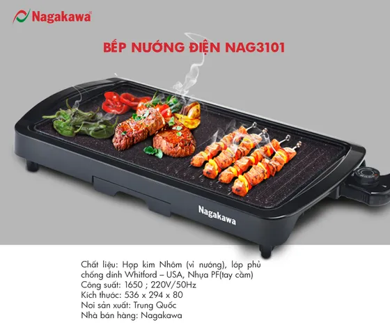 Bếp Nướng Điện Nagakawa NAG3101 (1650W) - 5 mức nhiệt độ linh hoạt