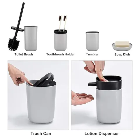 Bộ Dụng Cụ Phòng Tắm 6 Chi Tiết Màu Xám DUFU - Cốc, Khay, Chai, Cọ Toilet và Thùng Rác Tiện Ích