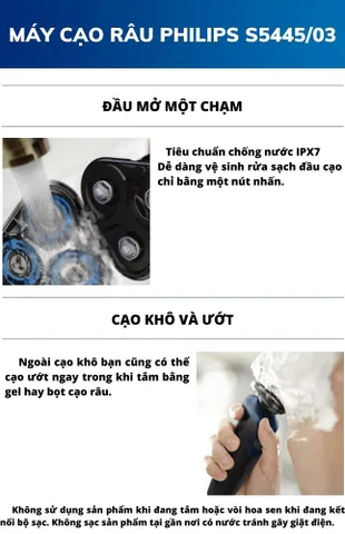 Máy Cạo Râu Philips Series 5000 S5445/03 Chính Hãng - 27 Lưỡi Dao Điện Tự Mài, Bảo Hành 24 Tháng, Bảo Đảm Sạch Sẽ Nhanh Chóng