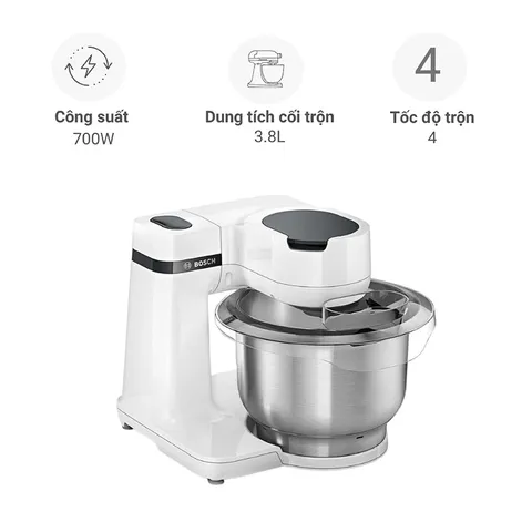 Máy Trộn Bột Đa Năng Bosch MUMS2EW20 - Công Suất 700W, Cốc Thép Không Gỉ 3.8L, 4 Tốc Độ - Thiết Bị Bếp An Toàn, Hiện Đại