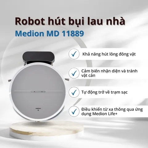 Robot Hút Bụi Medion MD 11889 S05 SW - Công Nghệ Làm Sạch Thông Minh, Điều Khiển Qua Alexa/Google, Pin 100 Phút, Bộ Lọc HEPA-13