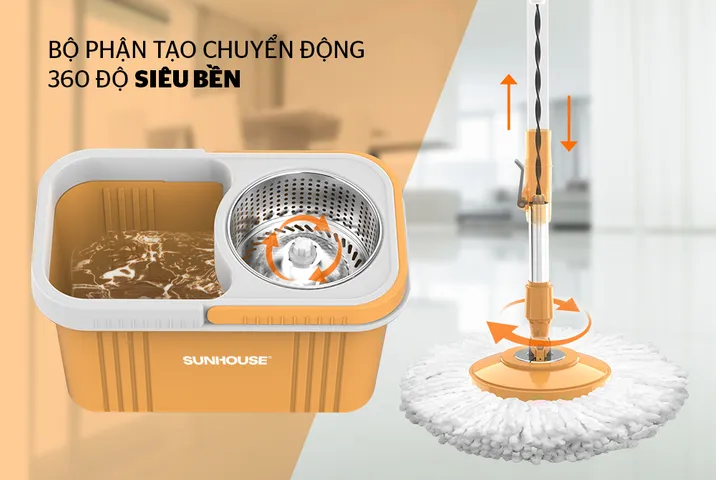 Bộ Lau Nhà Xoay 360 Độ SUNHOUSE KS-CL350PO - Thao Tác Đơn Giản, Thiết Kế Tiện Dụng, Bảo Hành 6 Tháng, Linen Microfiber Thấm Nước Tốt