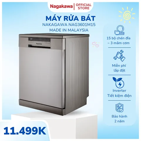 Máy Rửa Bát Cao Cấp Nagakawa NAG3601M15 - Dung Tích 15 Bộ, Tiết Kiệm Năng Lượng, Chế Độ Rửa Thông Minh, Bảo Hành 2 Năm