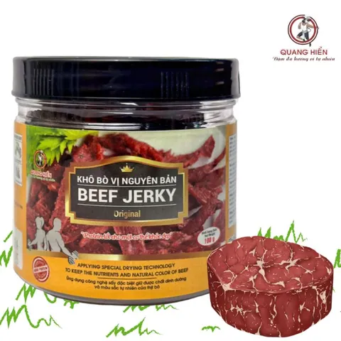 Khô Bò Nguyên Bản Quang Hiển - Beef Jerky Hũ 100g, Thơm Ngon, Đậm Vị, Đồ Ăn Vặt Tuyệt Hảo, Quà Tết Ý Nghĩa