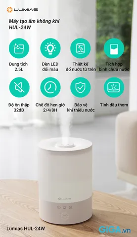 Máy Tạo Ẩm Phun Sương Lumias HUL-24W - Điều Khiển Cảm Ứng, Đèn Ngủ RGB, Công Suất 25W, Tạo Ẩm 200ml/h, Chống Cạn Nước