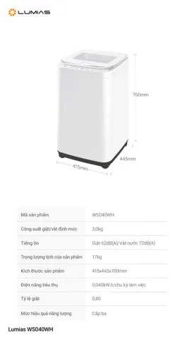 Máy Giặt Mini Nhiệt Độ Cao Lumias WS040WH - 3kg, 10 Chương Trình, Inox Chống Gỉ, Khóa Trẻ Em, Công Suất 220W