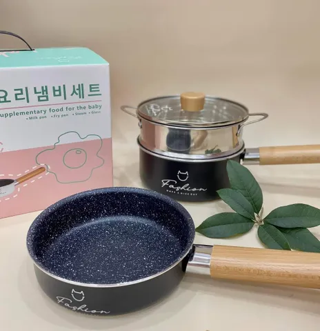 Bộ Nồi Chảo Hàn Quốc Fashion - Combo 4 Món Mạnh Mẽ Thích Hợp Nấu Ăn Cho Bé, Bao Gồm Quánh, Chảo, Xửng Hấp Inox 304