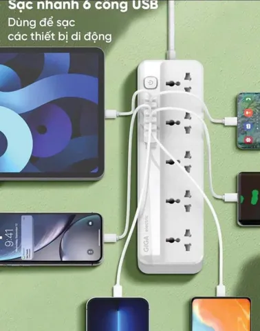 Ổ cắm điện Giga Electric 2500W 3M với USB-A 17W, Thiết bị gia dụng tiện ích cho mọi nhà