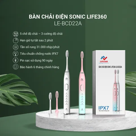 Bàn Chải Điện Sonic Life360 LE-BCD22A - Công Nghệ Sóng Âm, Chống Nước IPX7, 31.000 Nhịp/Phút, 5 Chế Độ Chải Răng