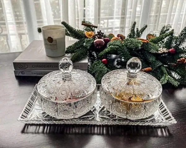 Bộ Khay và 2 Thố Mứt Có Nắp Bohemia - Đĩa Sang Trọng Đựng Kẹo, Mứt, Quà Tặng Thú Vị, Made in Séc