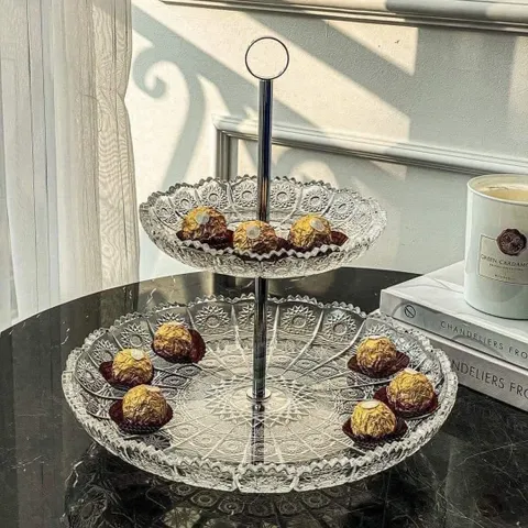Khay Bánh 2 Tầng Pha Lê Mài Bohemia - Đĩa Thủ Công Sang Trọng 19cm & 31cm - Trang Trí Bàn Tiệc Hoàn Hảo