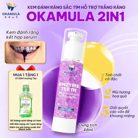 Kem Đánh Răng Sắc Tím 2in1 Okamula - Hỗ Trợ Trắng Răng, Làm Sạch Nhanh Chóng, Dạng Serum 48ml, Hương Nho Thoảng Mát