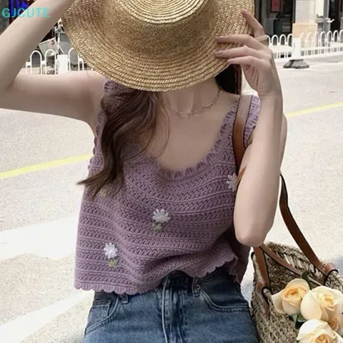 Áo Dệt Kim Sát Nách Thêu Hoa Mùa Hè Cho Nữ - Phong Cách Thời Trang Tươi Tắn, Nhiều Màu Sắc Tím và Quả Mơ