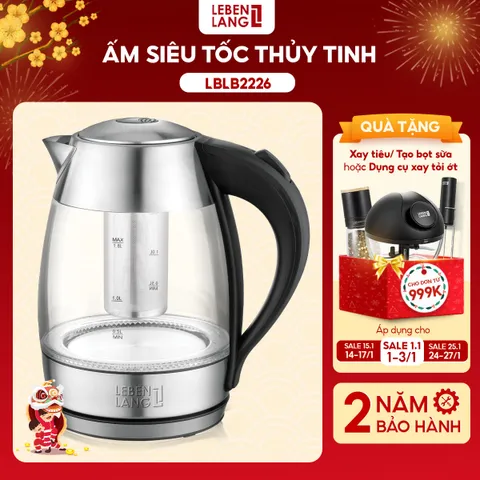 Ấm Siêu Tốc Thủy Tinh Cao Cấp 1,8L Lebenlang LBLB2226 (Model New) Kèm Lõi Lọc Trà, 2200W, Hàng Chính hãng