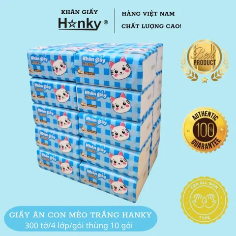 Giấy Ăn Con Mèo Trắng HANKY 300 Tờ 4 Lớp Siêu Dai Mềm Mại - Giấy Thấm Hút Tốt Cho Bé Yêu