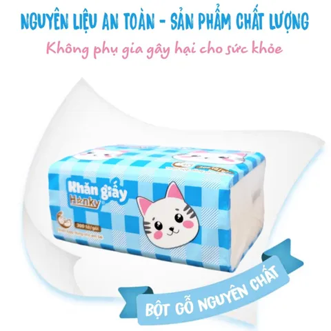 Giấy Ăn Con Mèo Trắng HANKY 300 Tờ 4 Lớp Siêu Dai Mềm Mại - Giấy Thấm Hút Tốt Cho Bé Yêu