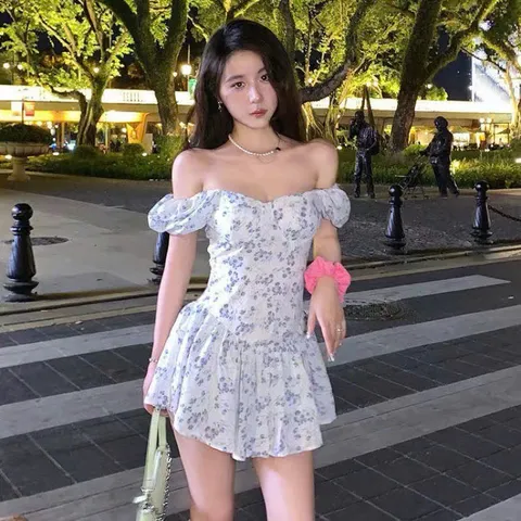 Váy Nữ Ngắn Tay Phồng HOOKA - Váy Hoa Nhí Polyester Thời Trang Hàng Ngày Dành Cho Nữ, Dịp Thưởng Thức Thoải Mái