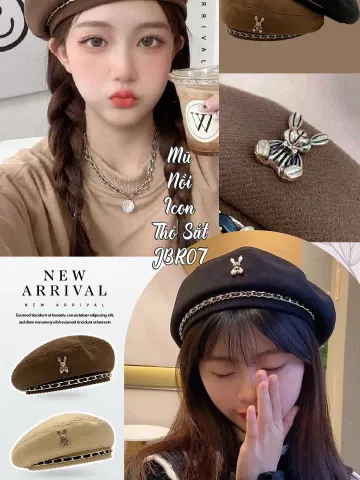 Mũ Nồi Nỉ Thỏ Beret Hàn Quốc - Chất Liệu Nhung Mịn, Phối Dây Xích, Kiểu Dáng Thời Trang Năng Động, Điều Chỉnh Kích Cỡ
