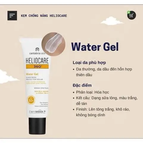Kem Chống Nắng Heliocare 360° Water Gel SPF 50 - Bảo Vệ Da Chống Tia UV & IR, Kết Cấu Nhẹ, Thích Hợp Mọi Loại Da
