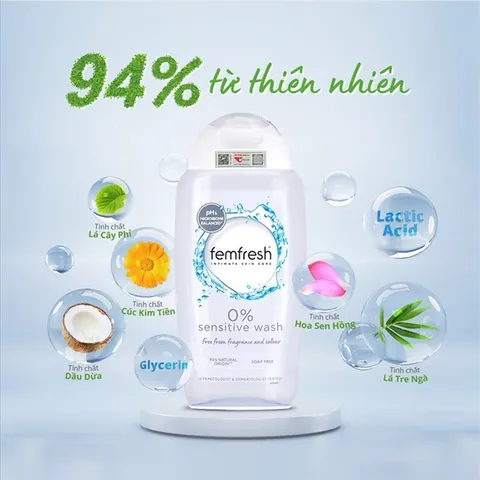 Dung Dịch Vệ Sinh Phụ Nữ Femfresh 0% Sensitive Wash 250ml - Dành Cho Da Nhạy Cảm, Chiết Xuất Thiên Nhiên, Không Hương Liệu