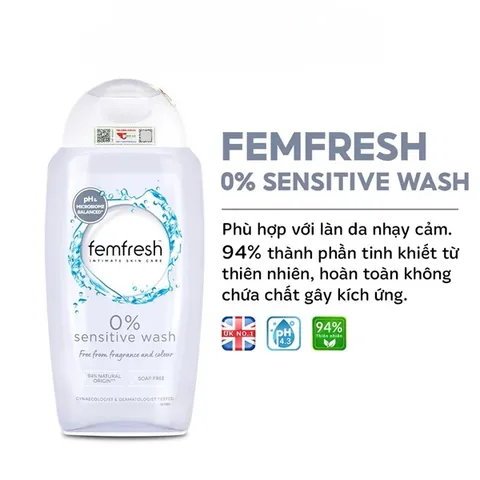 Dung Dịch Vệ Sinh Phụ Nữ Femfresh 0% Sensitive Wash 250ml - Dành Cho Da Nhạy Cảm, Chiết Xuất Thiên Nhiên, Không Hương Liệu