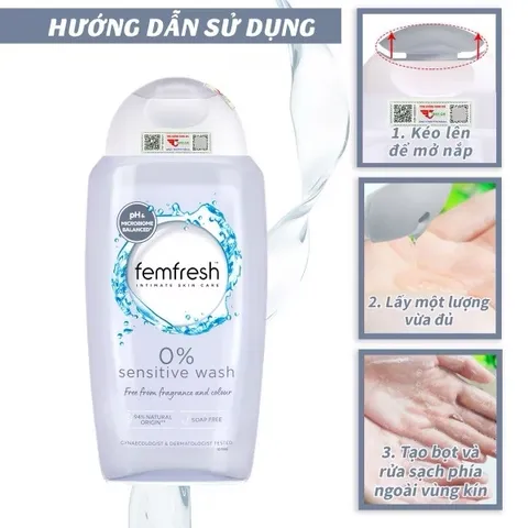 Dung Dịch Vệ Sinh Phụ Nữ Femfresh 0% Sensitive Wash 250ml - Dành Cho Da Nhạy Cảm, Chiết Xuất Thiên Nhiên, Không Hương Liệu