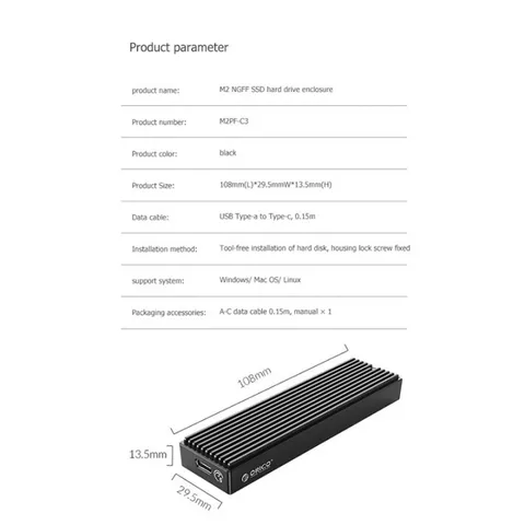 Box ổ cứng di động SSD M.2 SATA ORICO M2PF-C3 - USB 3.1 Type-C, hỗ trợ tối đa 2TB, thiết kế nhỏ gọn, tương thích Windows/Mac/Linux
