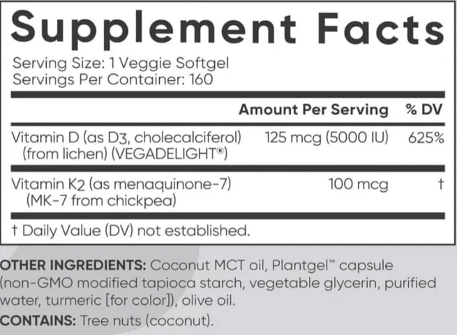 Viên uống bổ sung Vitamin D3 + K2 Plant-Based 160 viên hỗ trợ xương khớp, Vitamin D3 5000 IU và K2 MK-7, hàng Mỹ chất lượng cao