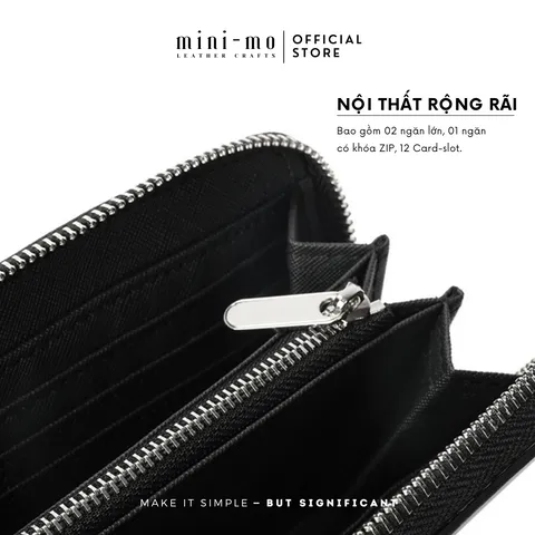 Ví Zip Clutch Cầm Tay Unisex MINI-MO da bò BOX Bóng Bẩy, Sang Trọng