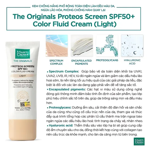 Kem Chống Nắng MartiDerm Proteos Screen SPF50+ Color Cream Light-Chống nắng màu nền Mềm Mại và Bảo Vệ Da Chống Tia UV 40ml