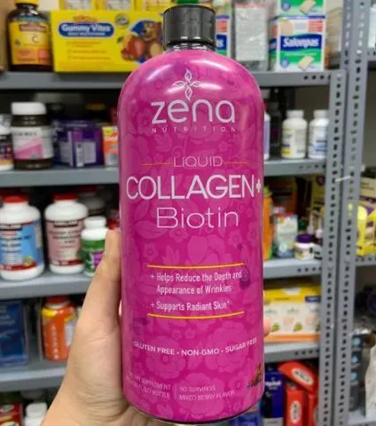 ​Collagen + Biotin Zena Liquid 900ml hỗ trợ da căng mịn, giảm nếp nhăn, tóc móng dẻo dai hơn hàng nội địa Mỹ