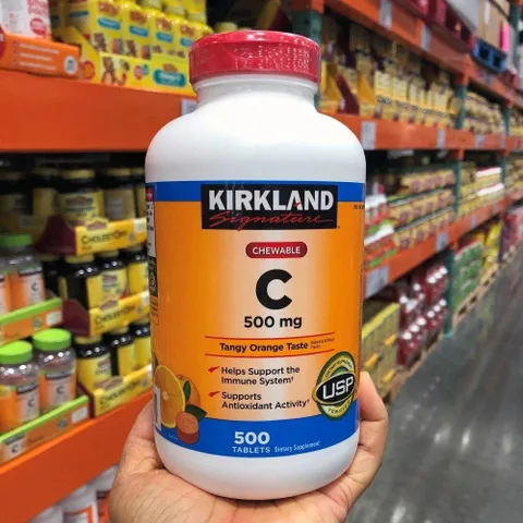 Viên ngậm Vitamin Kirkland Chewable Vitamin C 500mg hương cam - Hỗ trợ miễn dịch, sức khỏe và hấp thu sắt - Hộp 500 viên tiện lợi