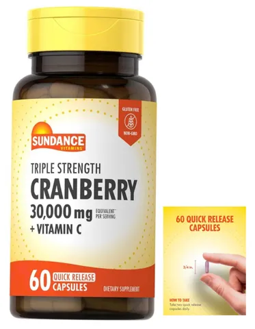 Viên uống hỗ trợ đường tiết niệu Cranberry Concentrate 30000mg + Vitamin C - 60 viên tăng cường sức khỏe từ Sundance, Mỹ
