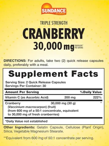 Viên uống hỗ trợ đường tiết niệu Cranberry Concentrate 30000mg + Vitamin C - 60 viên tăng cường sức khỏe từ Sundance, Mỹ