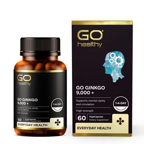 GO Ginkgo 9000+ - Viên uống bổ não 60 viên hỗ trợ tăng cường trí nhớ, tuần hoàn não và khả năng tập trung cho người lớn.