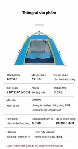 Lều Cắm Trại Tự Mở 3-5 Người BESTYLE - Khung Sợi Thủy Tinh Chống Nước, Dễ Dàng Lắp Đặt, Chống Nắng Tiện Lợi cho Gia Đình
