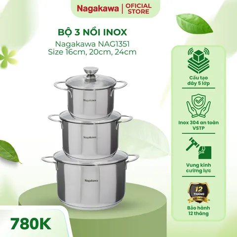 Bộ 3 nồi inox 5 đáy từ Nagakawa NAG1351 16-20-24cm dùng mọi loại bếp