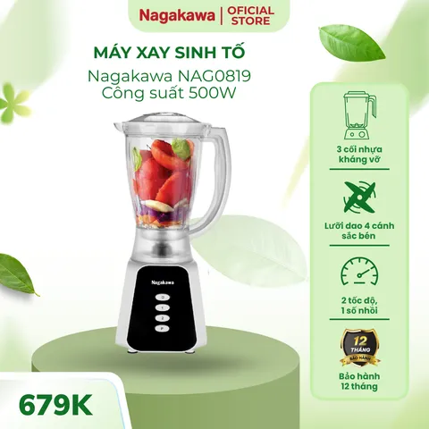 Máy Xay Sinh Tố Nagakawa NAG0819 - Đa Năng 3 Cối Nhựa, 500W, An Toàn, Thích Hợp Xay Sinh Tố, Thịt, Hạt Khô - Bảo Hành 12 Tháng