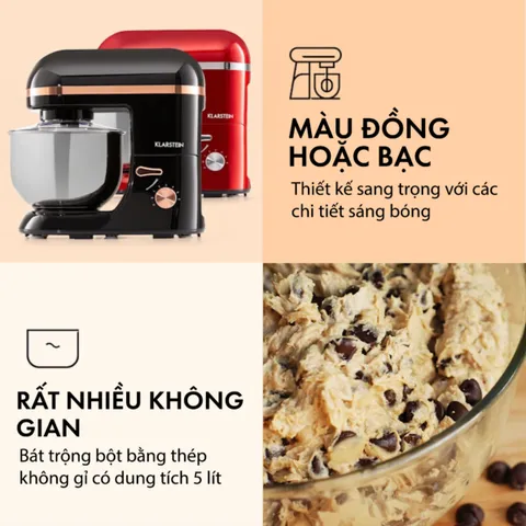 Máy Trộn Bột Klarstein Bella Elegance - 2000W, 5.2L, Đầu Khuấy Đúc, Đánh Trứng, Thiết Kế Hiện Đại cho Nhà Bếp