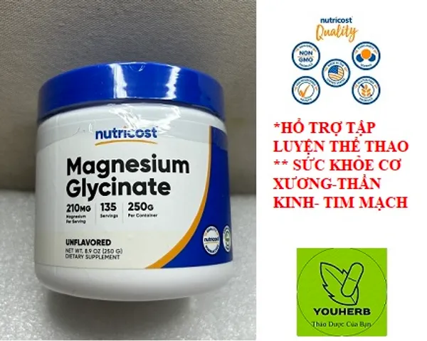 Bột Magiê Glycinate Nutricost 250g - Hỗ trợ cơ xương, tim mạch, và thần kinh - Dinh dưỡng cho người tập thể thao