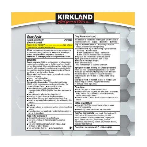 Viên giảm đau Kirkland Aspirin Low Dose 81mg - Ngăn ngừa đột quỵ, nhồi máu cơ tim, 2x365 viên, hỗ trợ tim mạch Mỹ