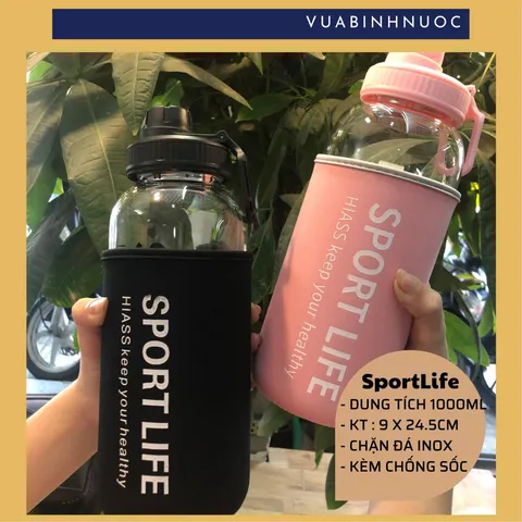 Bình thủy tinh Sportlife, Summer, Glass Plus 1000ml + tặng túi đi kèm